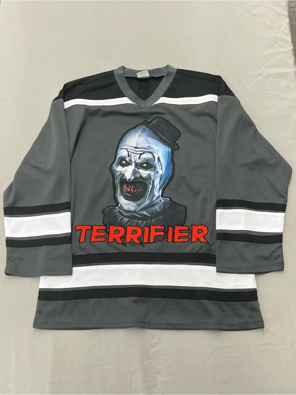 Terrifier Grey Clown Hockey-Style Kids Costume Shirt Boys Size Large 12